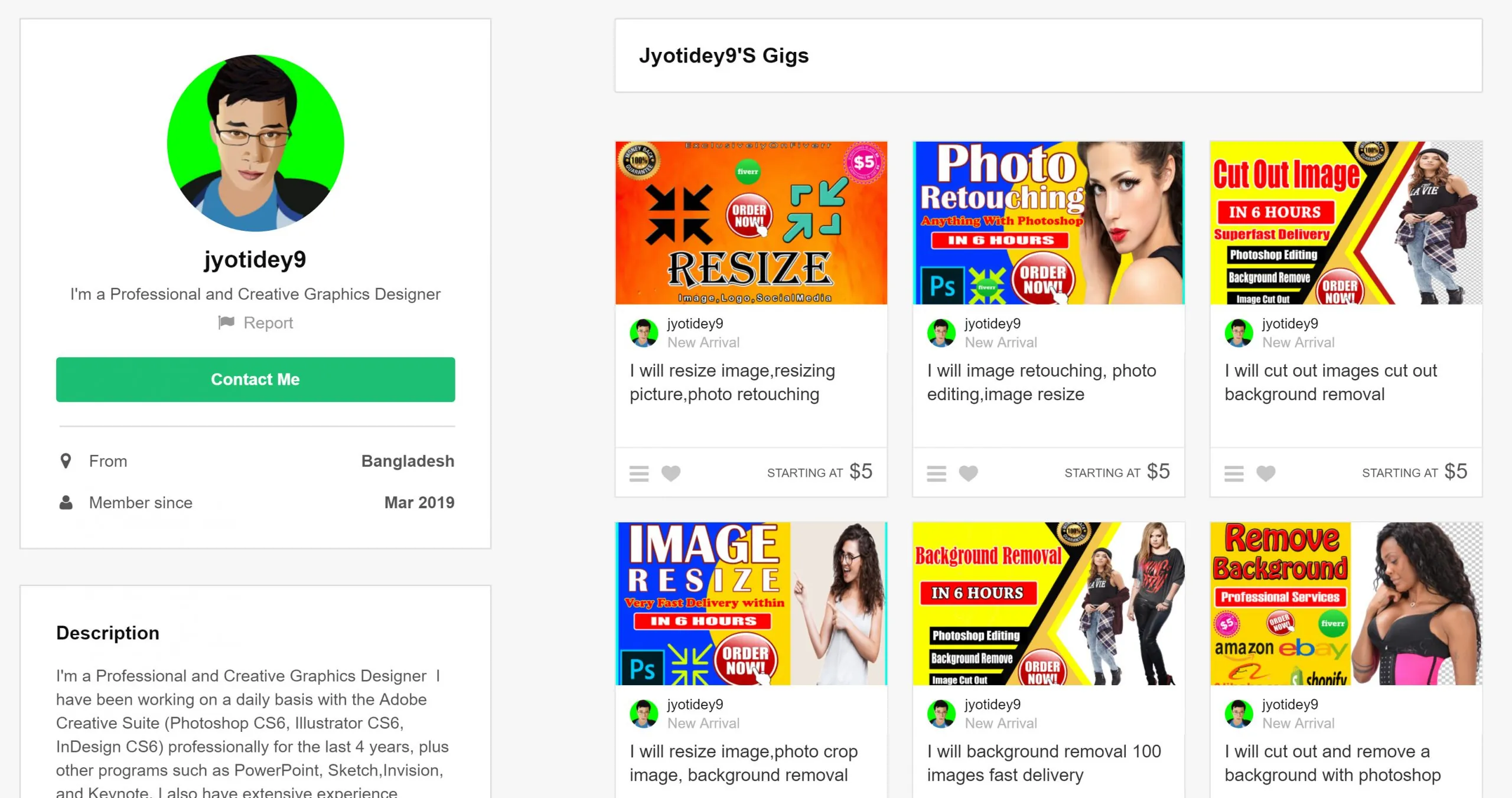 Example Fiverr seller profile with a list of image editing gigs