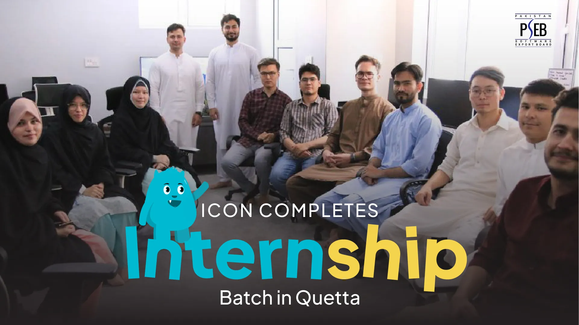 Icon Completes Internship Batch in Quetta: a group photo in an office, with the PSEB logo