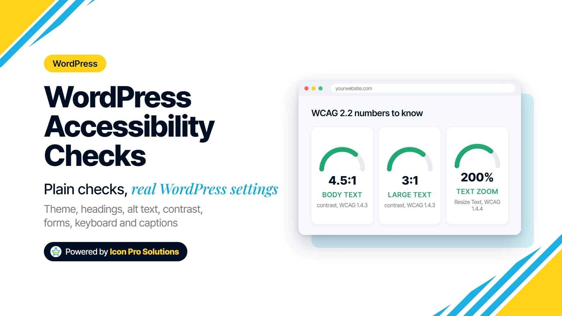 How to make a WordPress site accessible: WCAG 2.2 contrast of 4.5:1 for body text and 3:1 for large text, and text that resizes to 200 percent