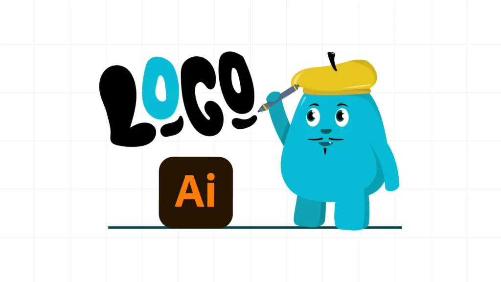 The mascot in a beret painting the word Logo beside the Adobe Illustrator icon