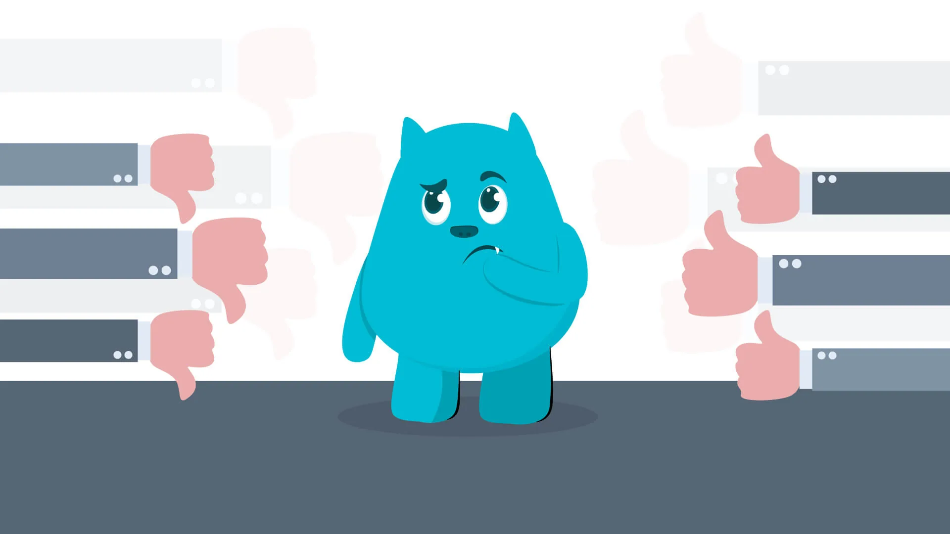The blue mascot looking unsure, surrounded by thumbs up and thumbs down icons