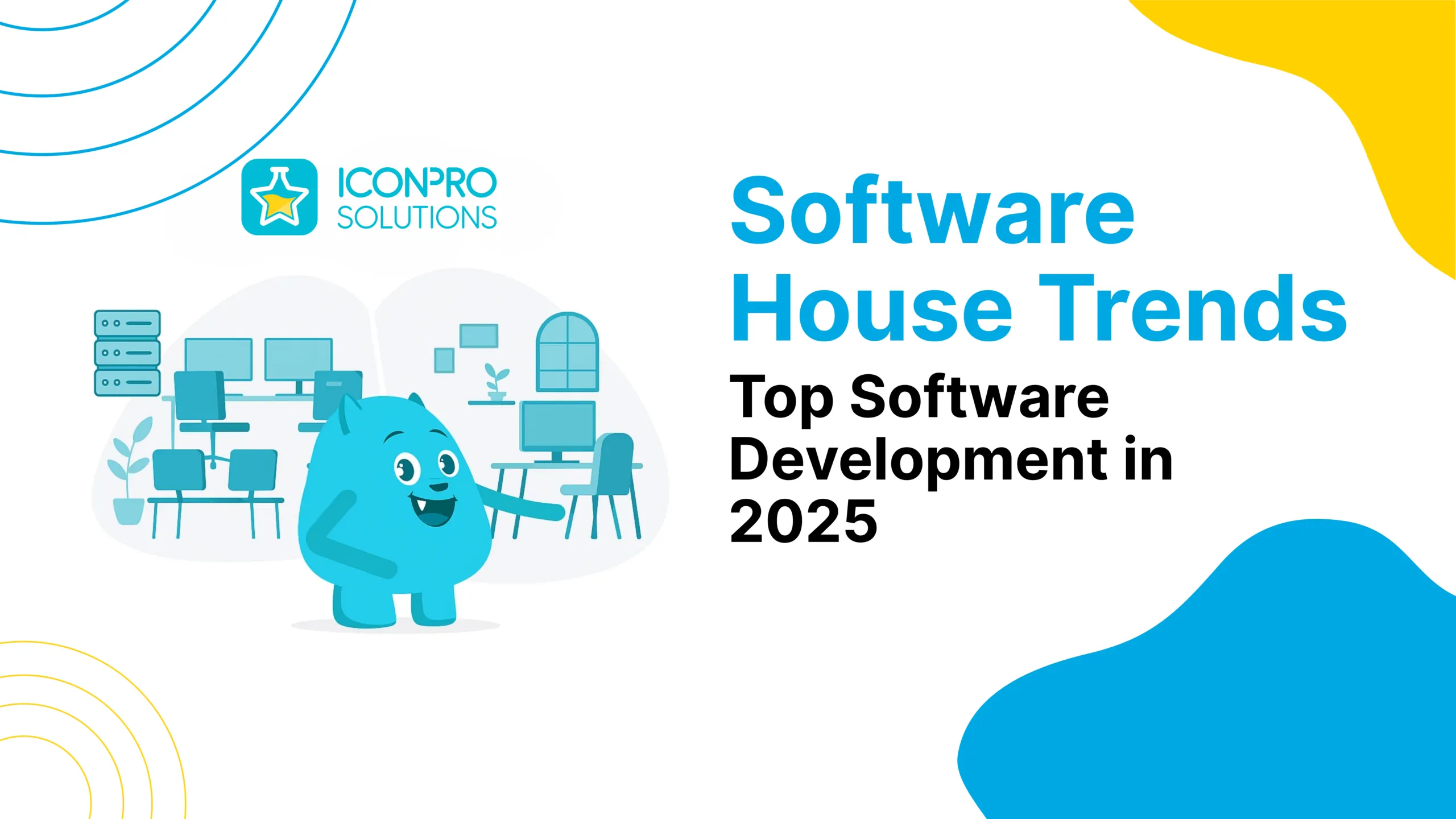 website design A white background with blue and yellow accents, featuring a cartoon character and the words 'Software House