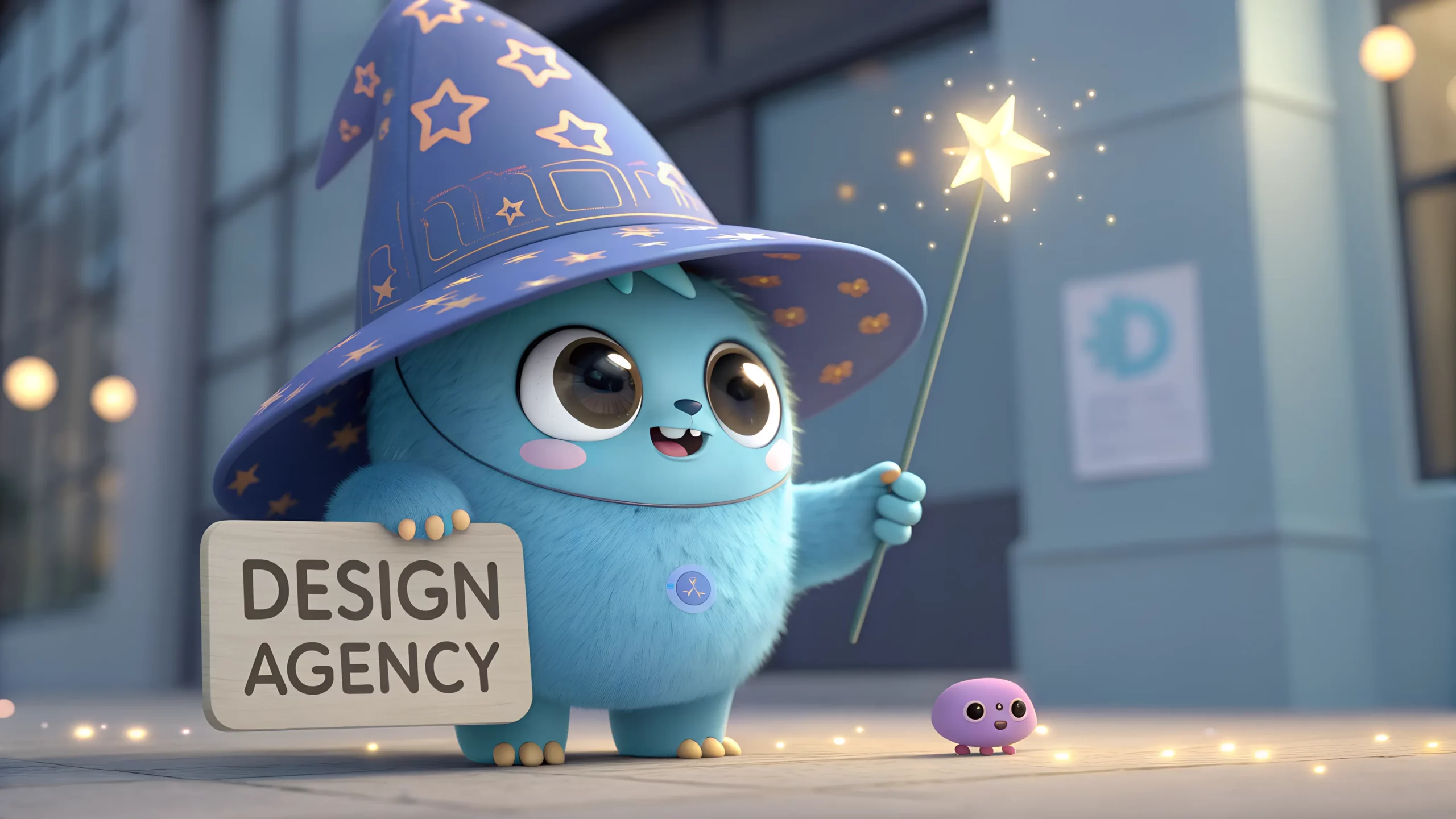 Blue mascot in a wizard hat holding a sign that reads "Design Agency" and a star wand