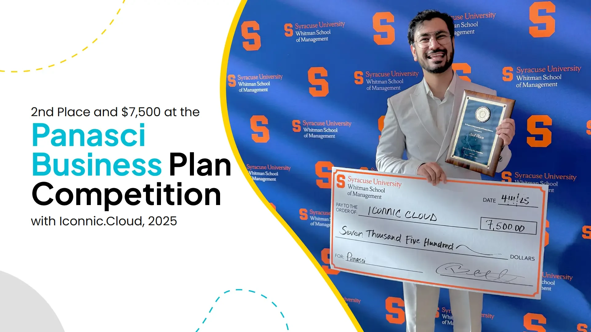 Waqar Hussain holding Iconnic.Cloud’s $7,500 second-place check at the 2025 Panasci Competition