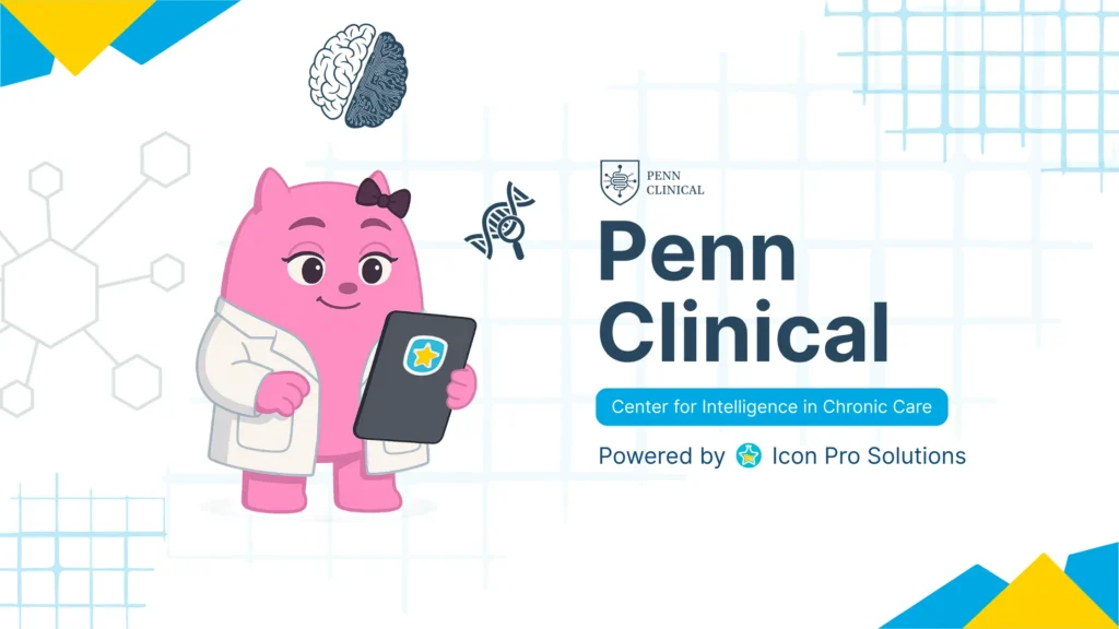 Penn Clinical Pink cartoon doctor character analyzing gut-brain health data on tablet