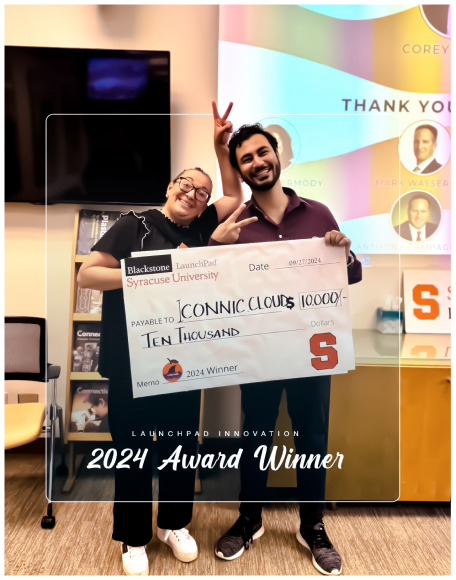 Iconnic.Cloud receiving a $10,000 check as a 2024 'Cuse Tank winner