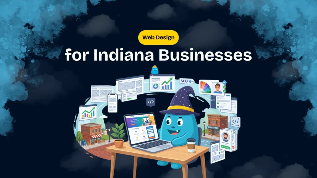 Title card reading Web Design for Indiana Businesses, with a wizard mascot at a laptop surrounded by web page and SEO icons
