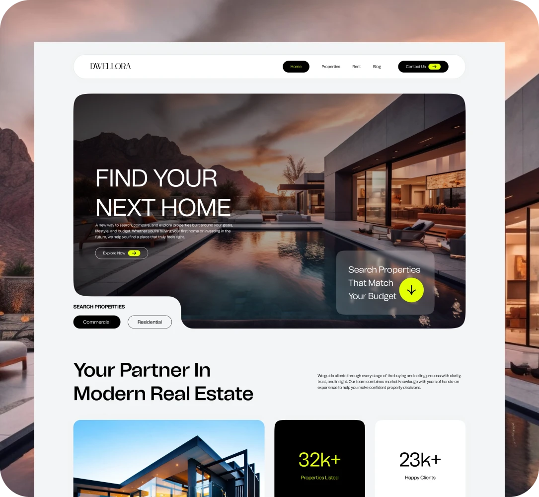 Home page design for Dwellora, a real estate website