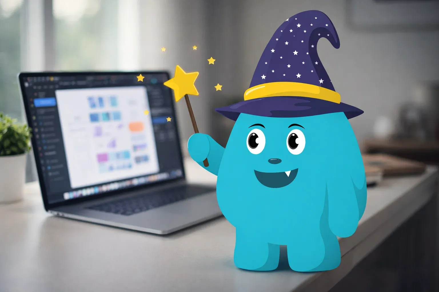 Blue mascot with wizard hat pointing at Figma design on laptop