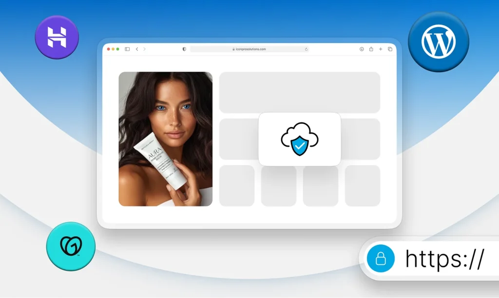 Browser window with a shielded cloud icon and an https padlock bar, with Hostinger, WordPress and GoDaddy logos