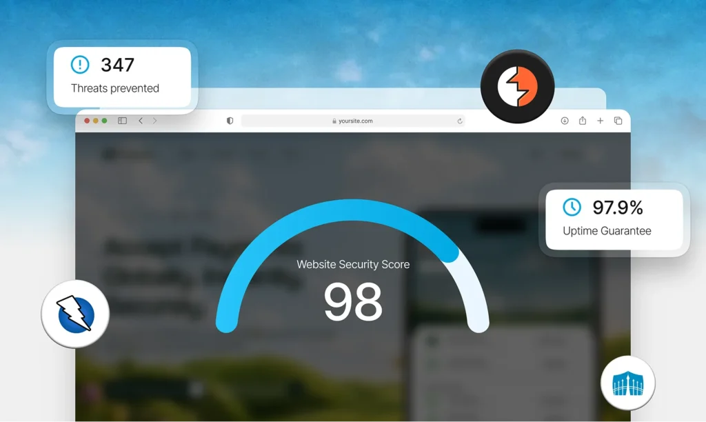 Browser with a Website Security Score of 98, 347 threats prevented and 97.9% uptime guarantee