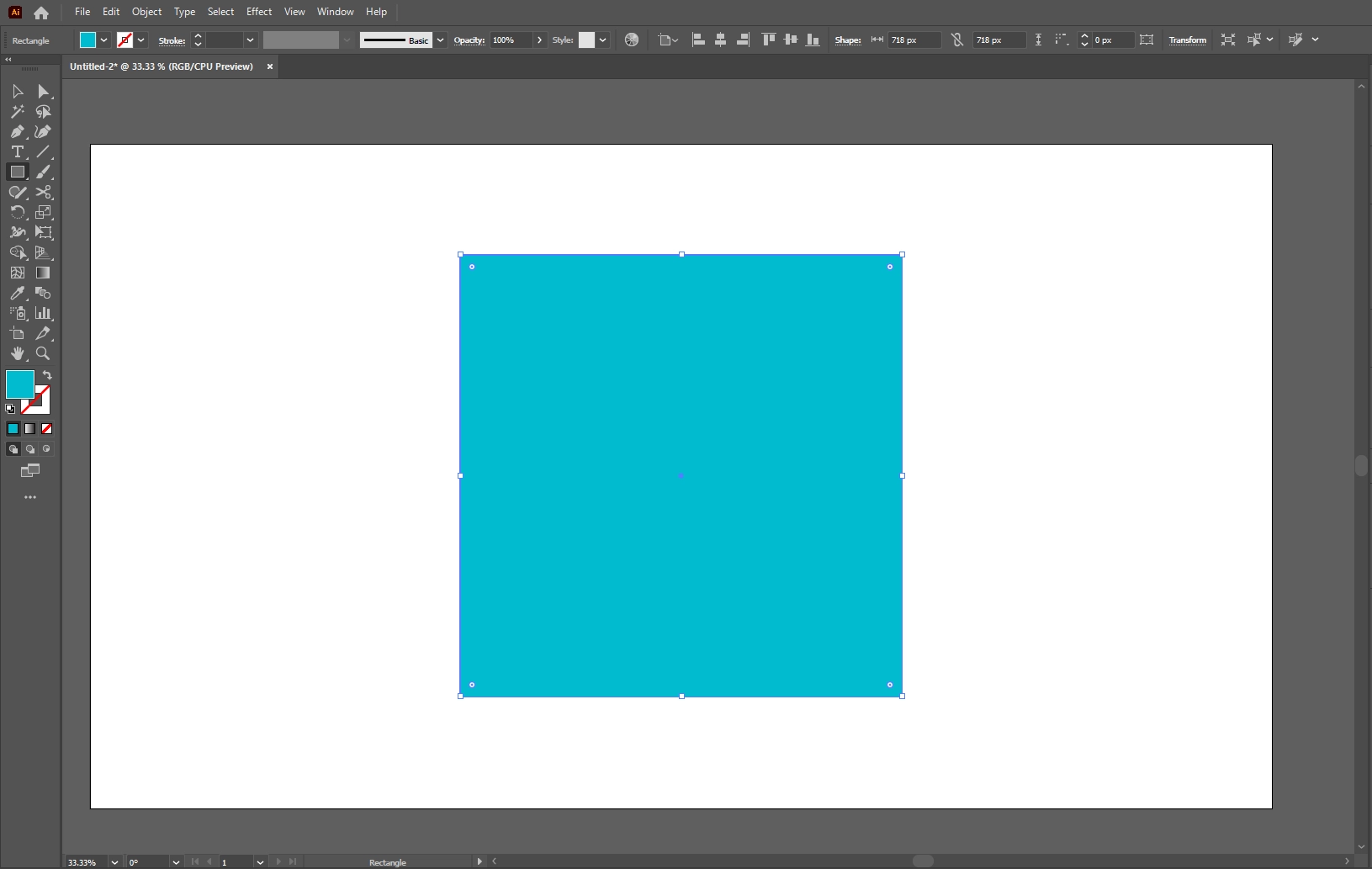 Adobe Illustrator artboard with a blue square drawn in the center
