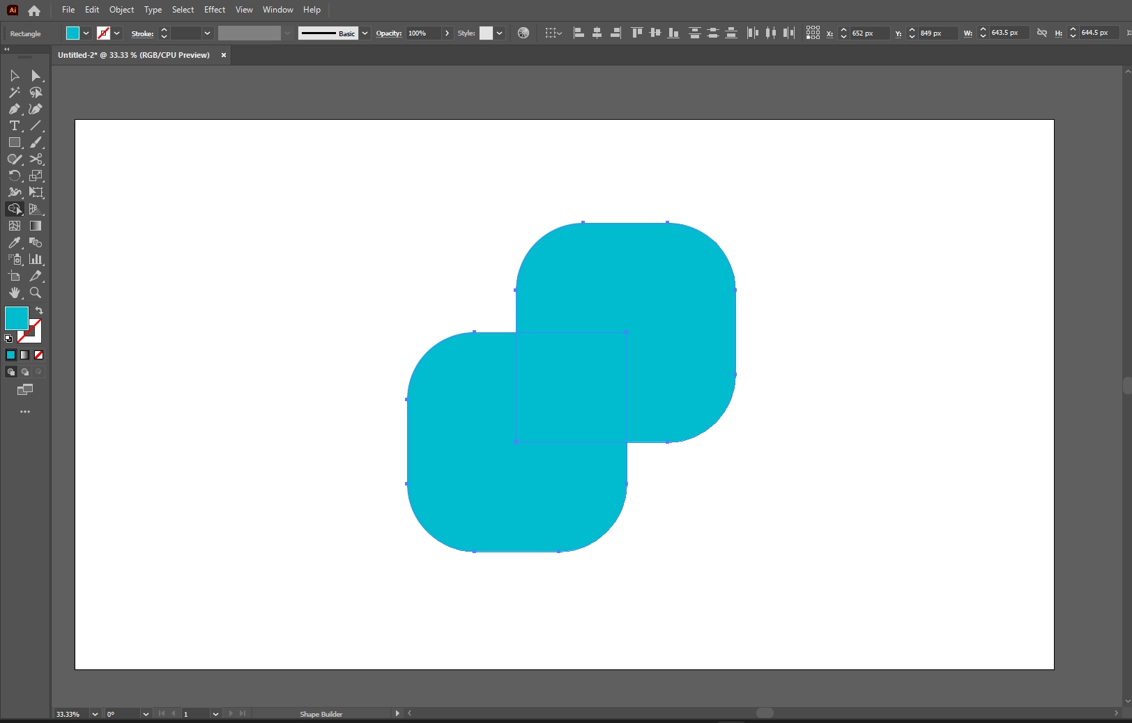 Two overlapping blue squares with rounded corners on an Adobe Illustrator artboard