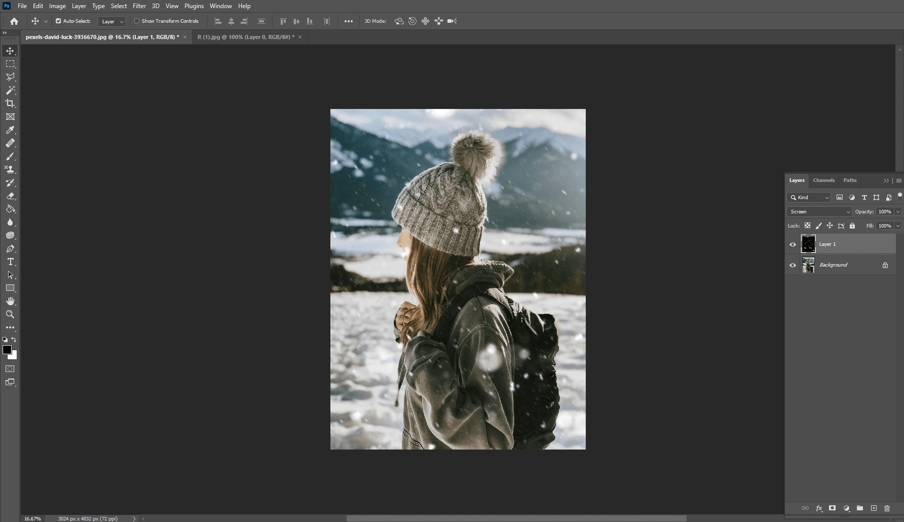 Finished photo in Photoshop: a person in a knit hat with falling snow over a mountain view