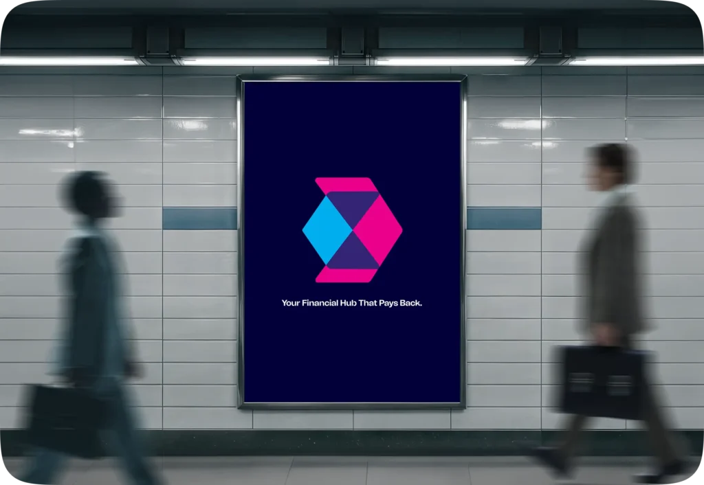 A PointsKash poster reading Your Financial Hub That Pays Back in a subway passage as two people walk past
