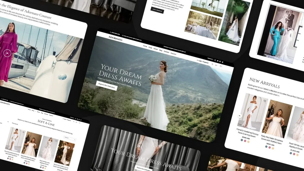 ADORNATO bridal website pages: Your Dream Dress Awaits, with wedding gowns and new arrivals
