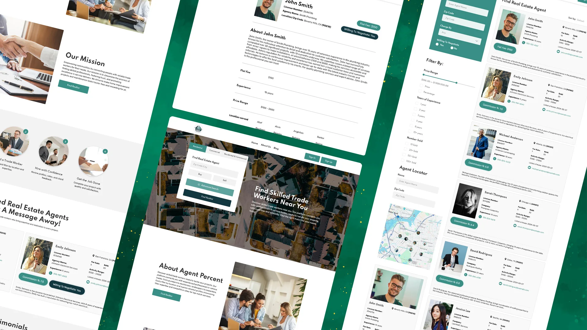 Agent Percent website pages with real estate agent profiles, a search map and an About Agent Percent section