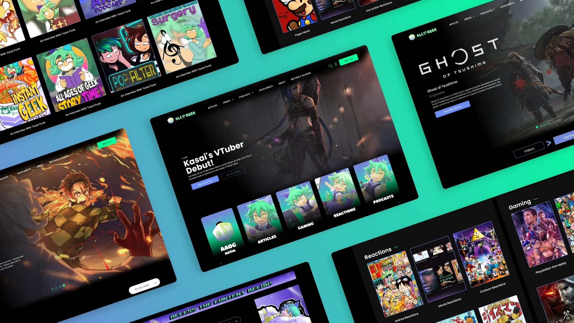 All Ages of Geek website pages with anime art, a VTuber debut, gaming and reaction videos