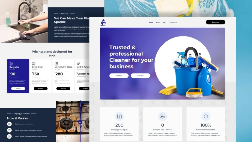 AllCleen cleaning website pages: Trusted & professional cleaner for your business, with cleaning supplies and pricing plans