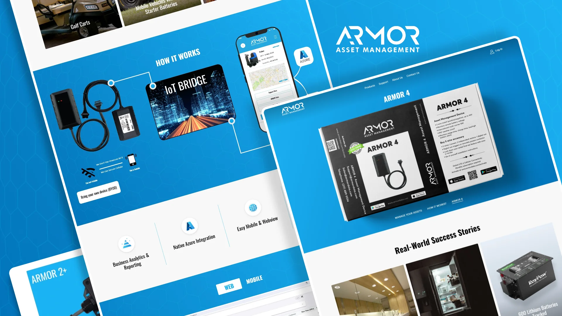 ARMOR Asset Management website pages showing the ARMOR 4 device, IoT Bridge and a phone app