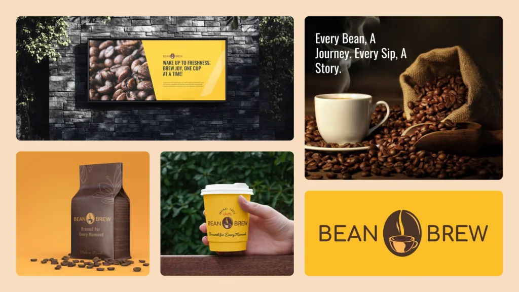 Bean & Brew coffee brand board: signage, coffee bag, cup and Every Bean, A Journey. Every Sip, A Story.