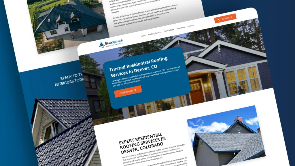 Blue Spruce roofing website pages: Trusted Residential Roofing Services in Denver, CO, with house and roof photos