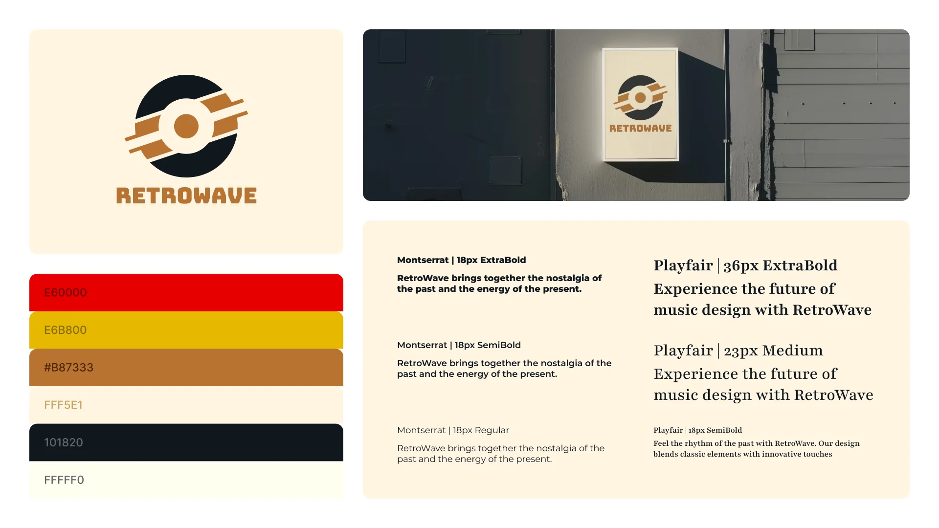 RetroWave brand board: logo, color palette, Montserrat and Playfair type samples and a wall sign