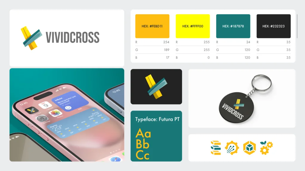 VividCross brand board: yellow and teal logo, color hex codes, Futura PT typeface, phone screen and keyring
