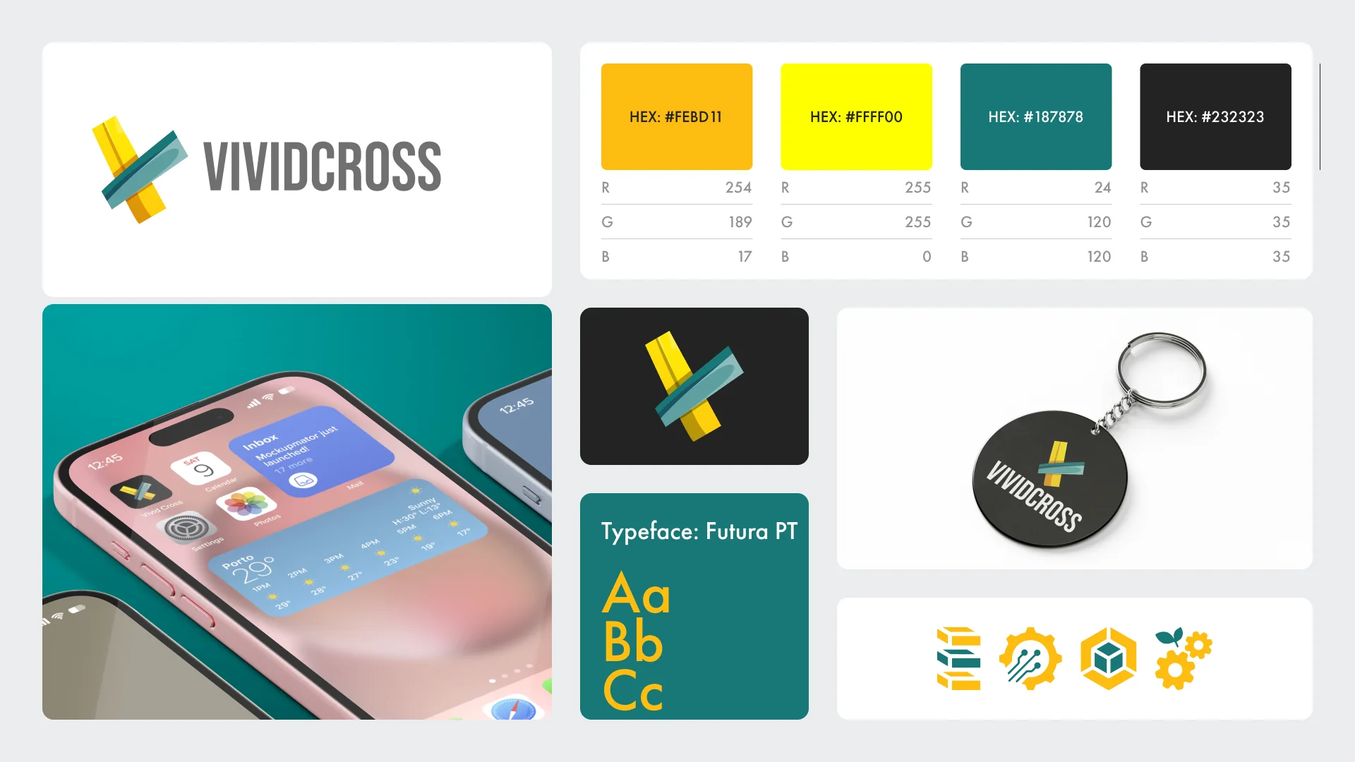 VividCross brand board: yellow and teal logo, color hex codes, Futura PT typeface, phone screen and keyring
