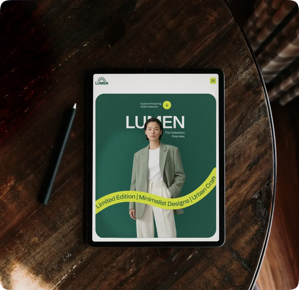 A tablet on a wooden table showing the Lumen fashion website