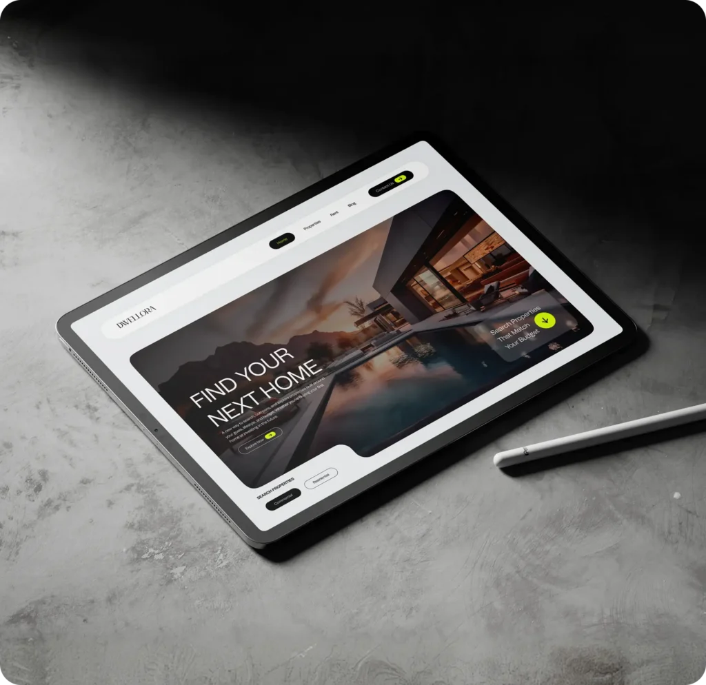 A tablet showing the Dwellora real estate website headed Find Your Next Home