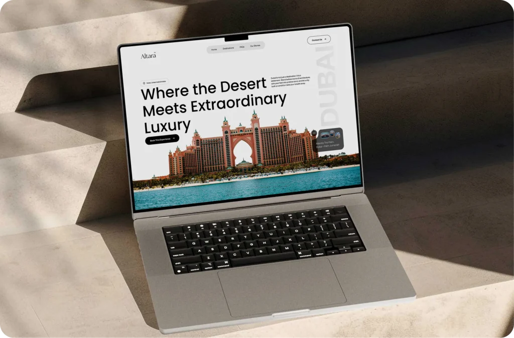 A laptop showing the Altara travel website headed Where the Desert Meets Extraordinary Luxury