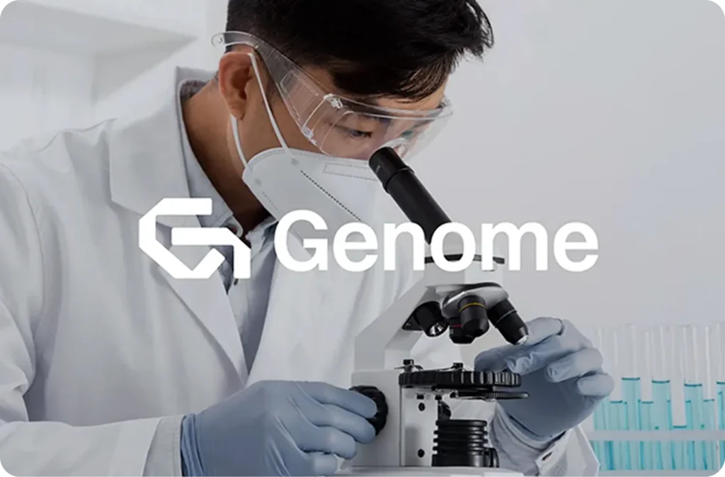 A scientist at a microscope with the Genome logo