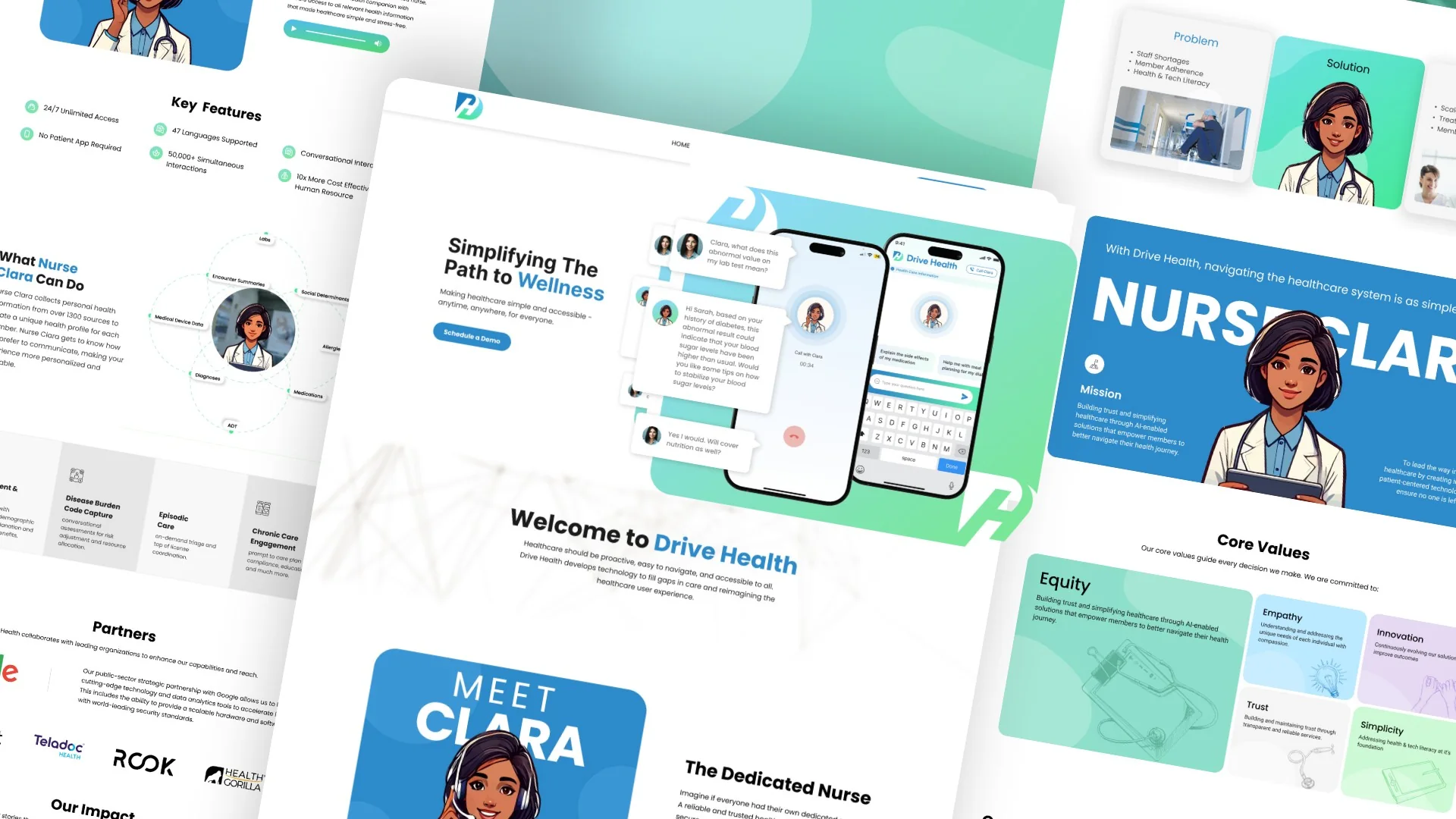 Drive Health website pages: Welcome to Drive Health, with an illustrated nurse named Clara and a phone chat screen