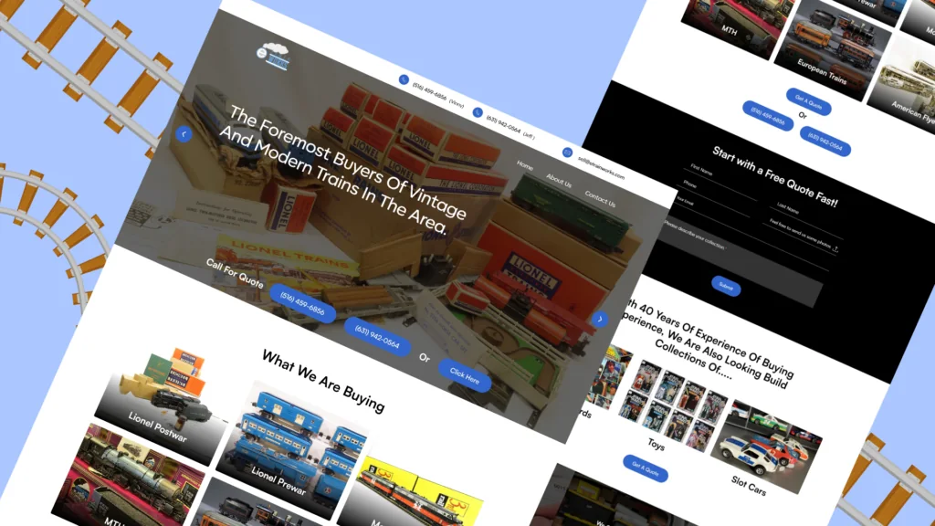 E-Train Works website pages: The Foremost Buyers Of Vintage And Modern Trains In The Area, with model train photos