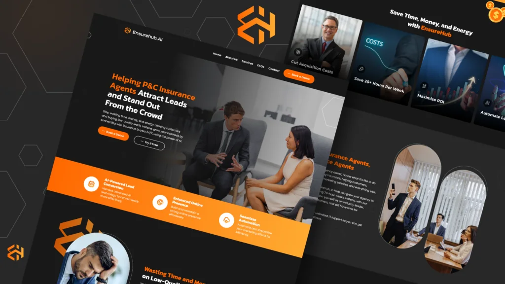 EnsureHub website pages: Helping P&C Insurance Agents Attract Leads, with people in a meeting