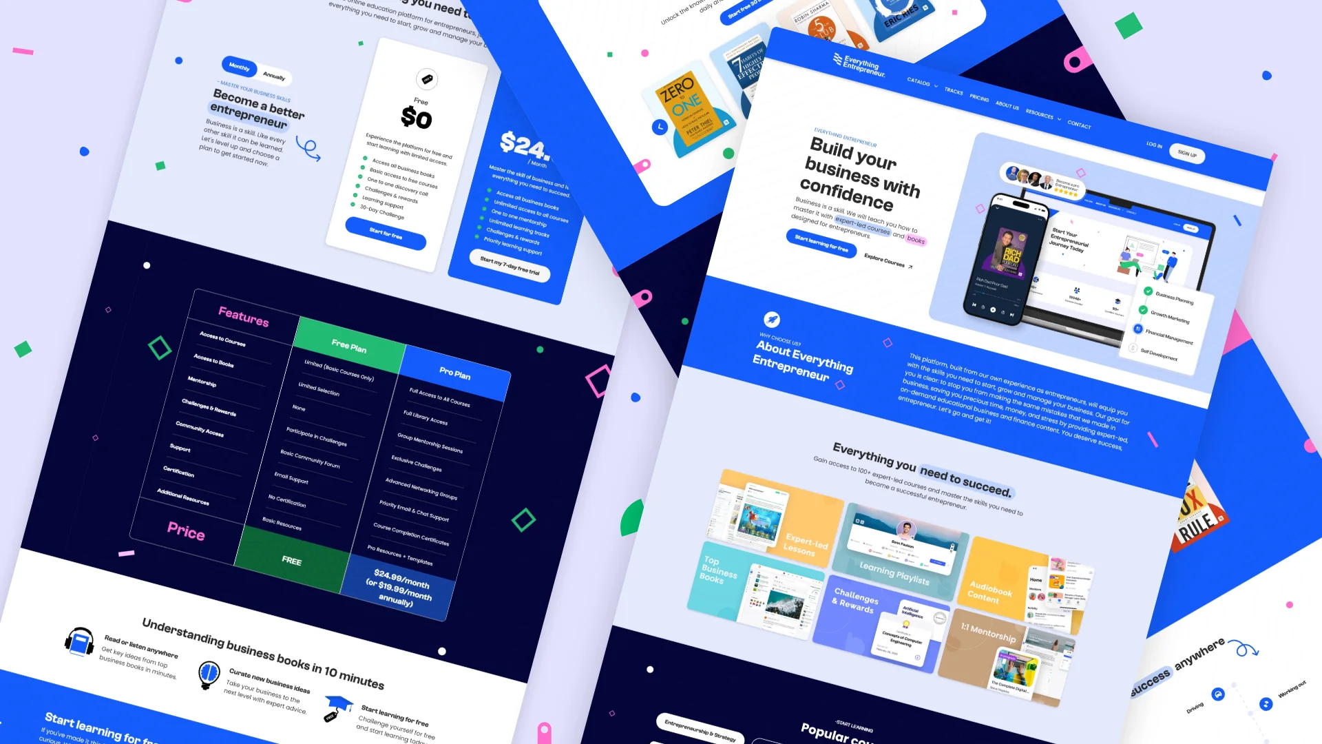 Everything Entrepreneur website pages: Build your business with confidence, with pricing plans and course cards