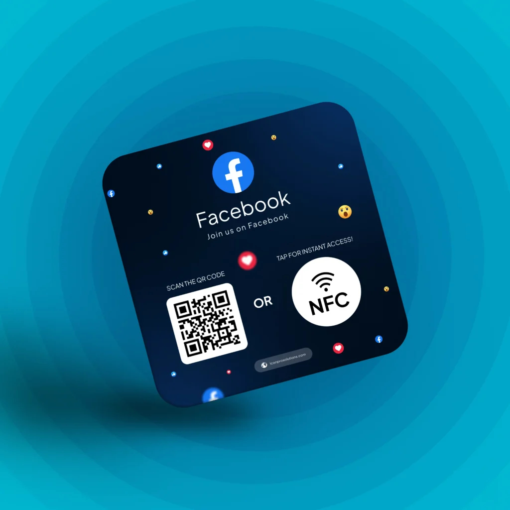 Facebook NFC card with a QR code and an NFC badge, labeled Join us on Facebook