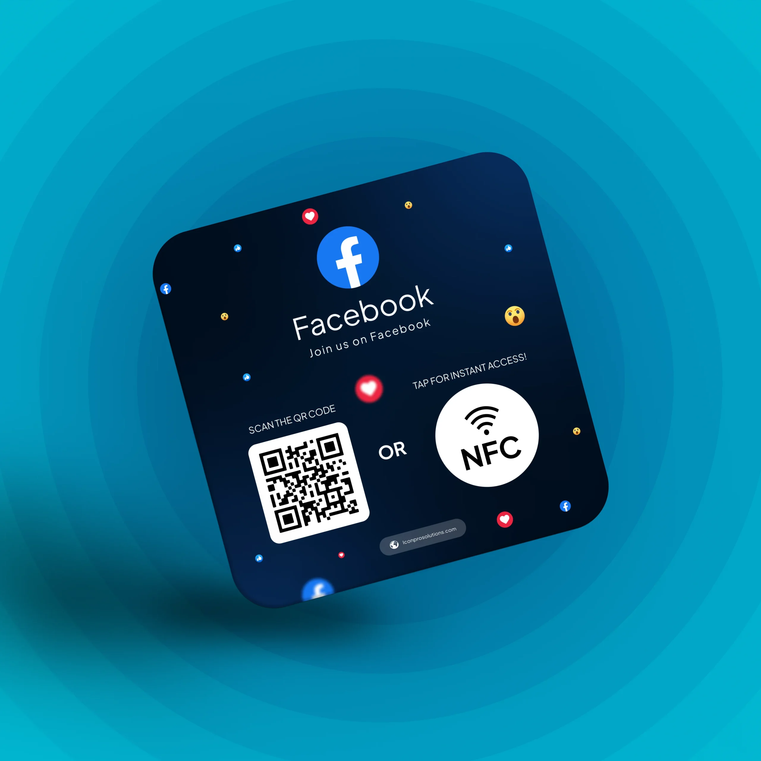 Facebook NFC card with a QR code and an NFC badge, labeled Join us on Facebook