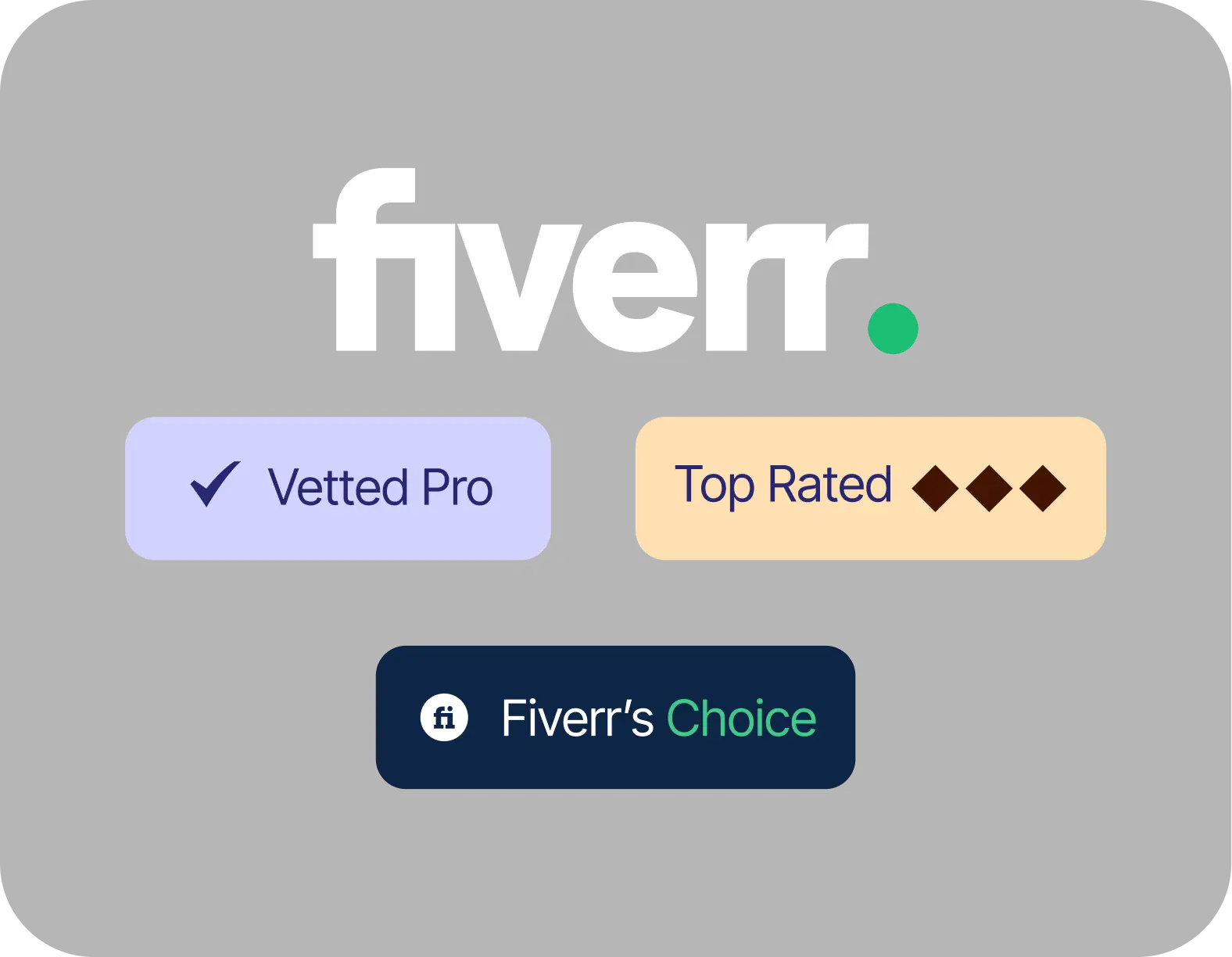 Fiverr badges: Vetted Pro, Top Rated and Fiverr's Choice