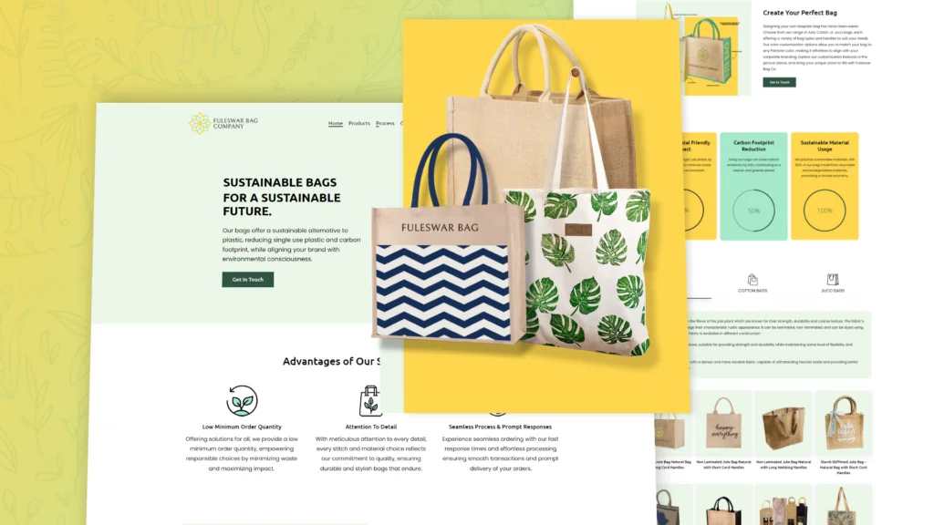 Fuleswar Bag Company website: Sustainable Bags For A Sustainable Future, with jute and printed tote bags