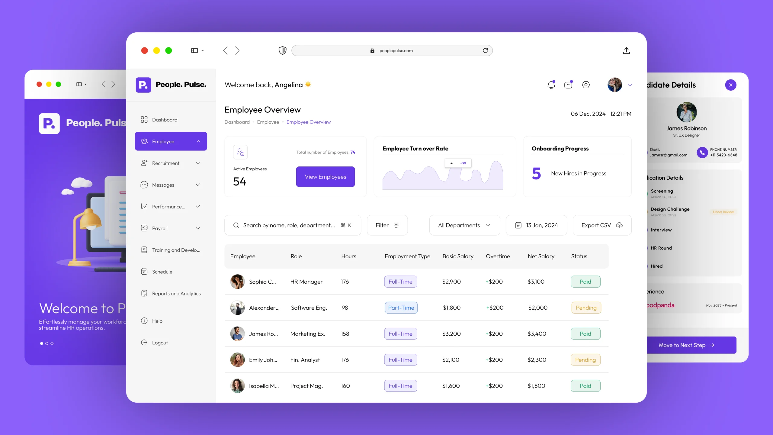 People. Pulse. HR dashboard showing an employee overview table with roles, salaries and payment status