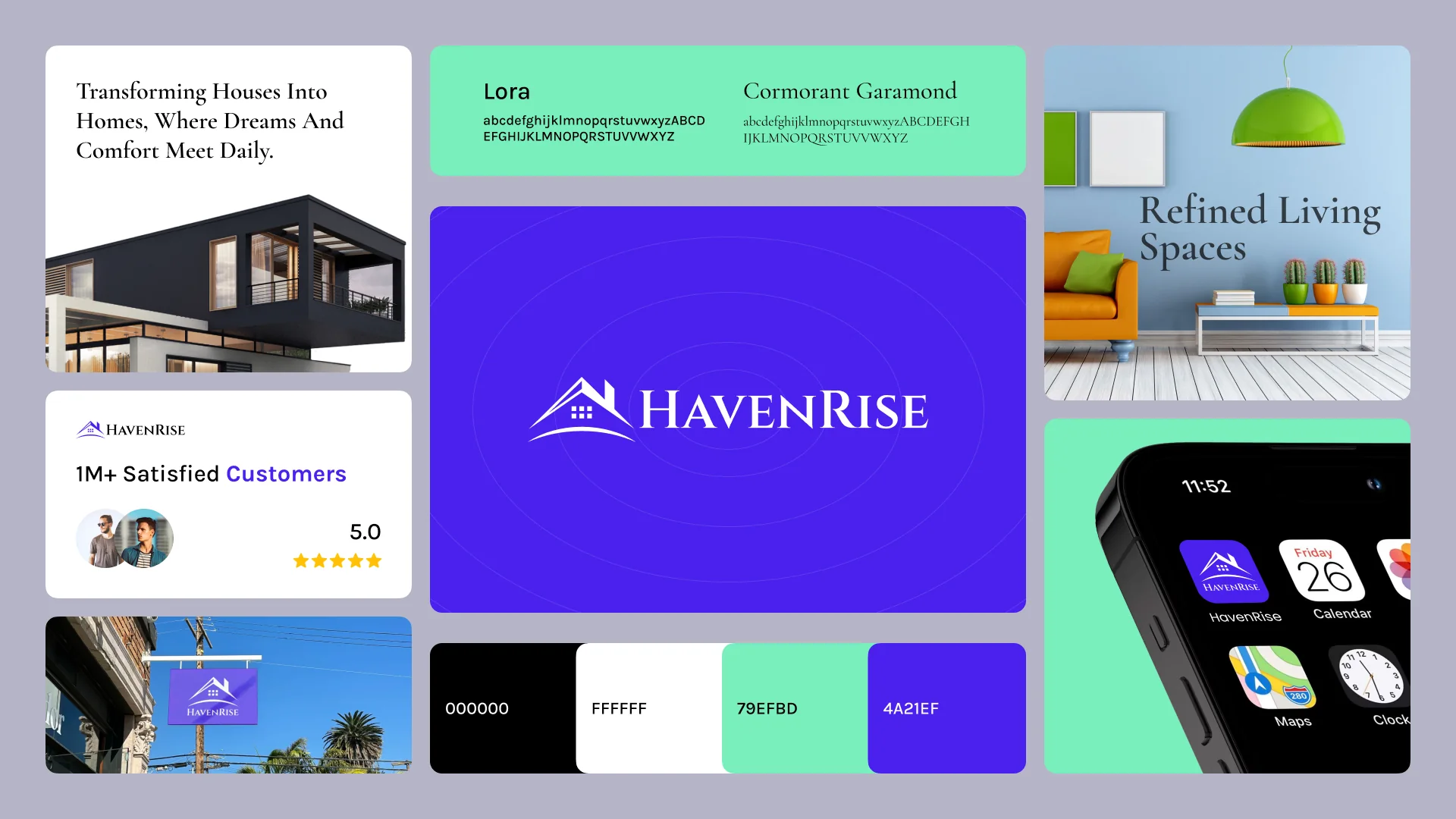 HavenRise brand board: purple logo, Transforming Houses Into Homes, typefaces, color palette and app icon