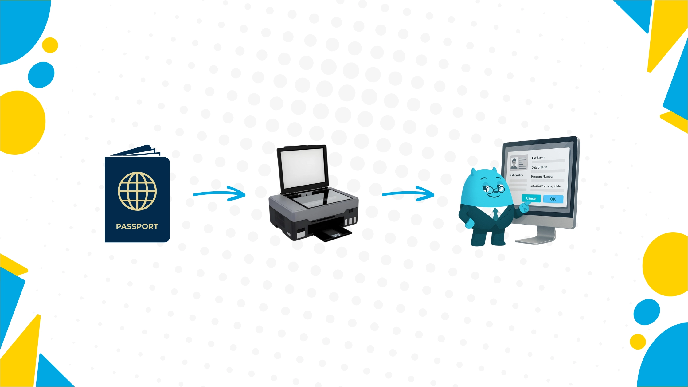 Diagram of a passport going through a scanner to a computer where a mascot reviews the extracted details
