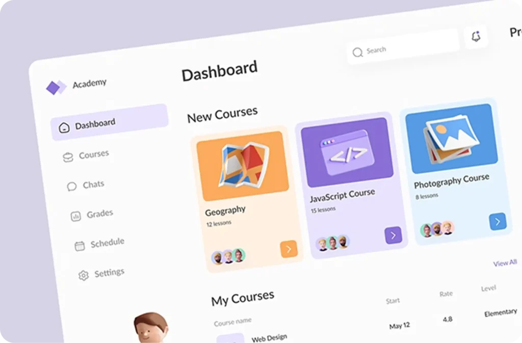 Academy learning platform dashboard with course cards