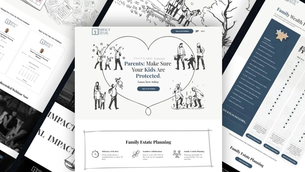 Impact Legal family estate planning website: Parents: Make Sure Your Kids Are Protected, with line drawings in a heart