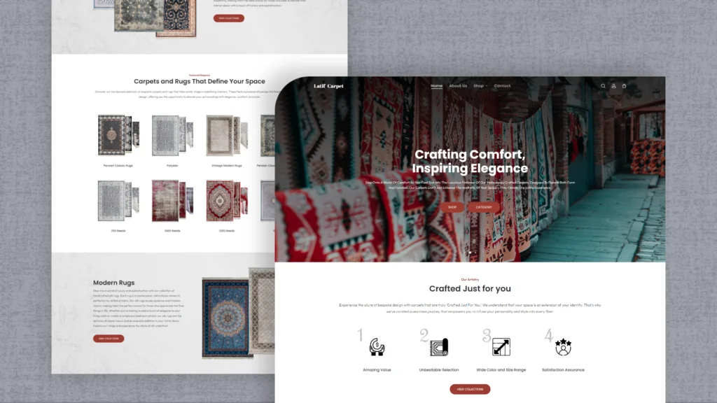 Latif Carpet rug store website pages: Crafting Comfort, Inspiring Elegance, with rugs on display