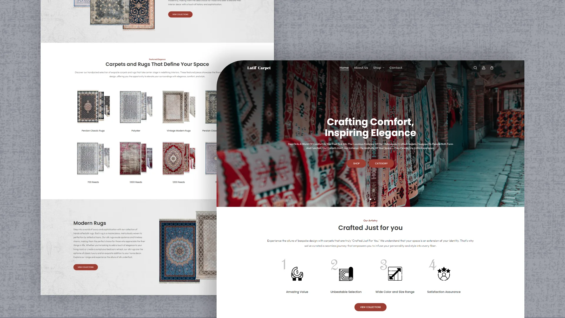 Latif Carpet rug store website pages: Crafting Comfort, Inspiring Elegance, with rugs on display
