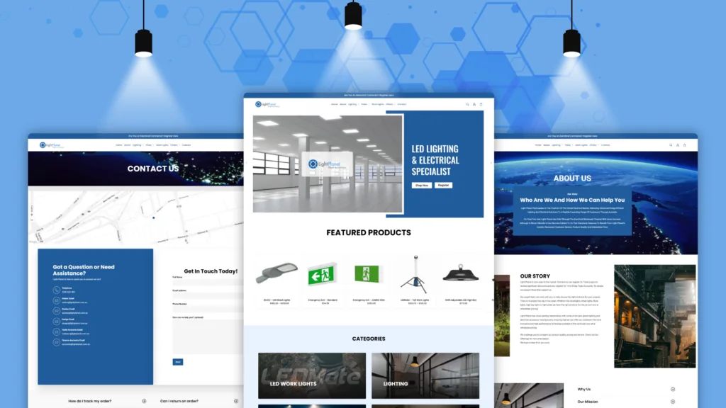 Light Planet website pages: LED Lighting & Electrical Specialist, with featured products and contact pages