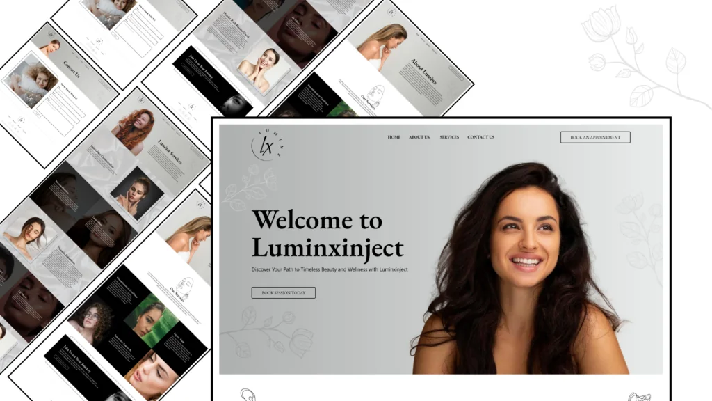 Luminxinject website pages: Welcome to Luminxinject, with a smiling woman with long dark hair